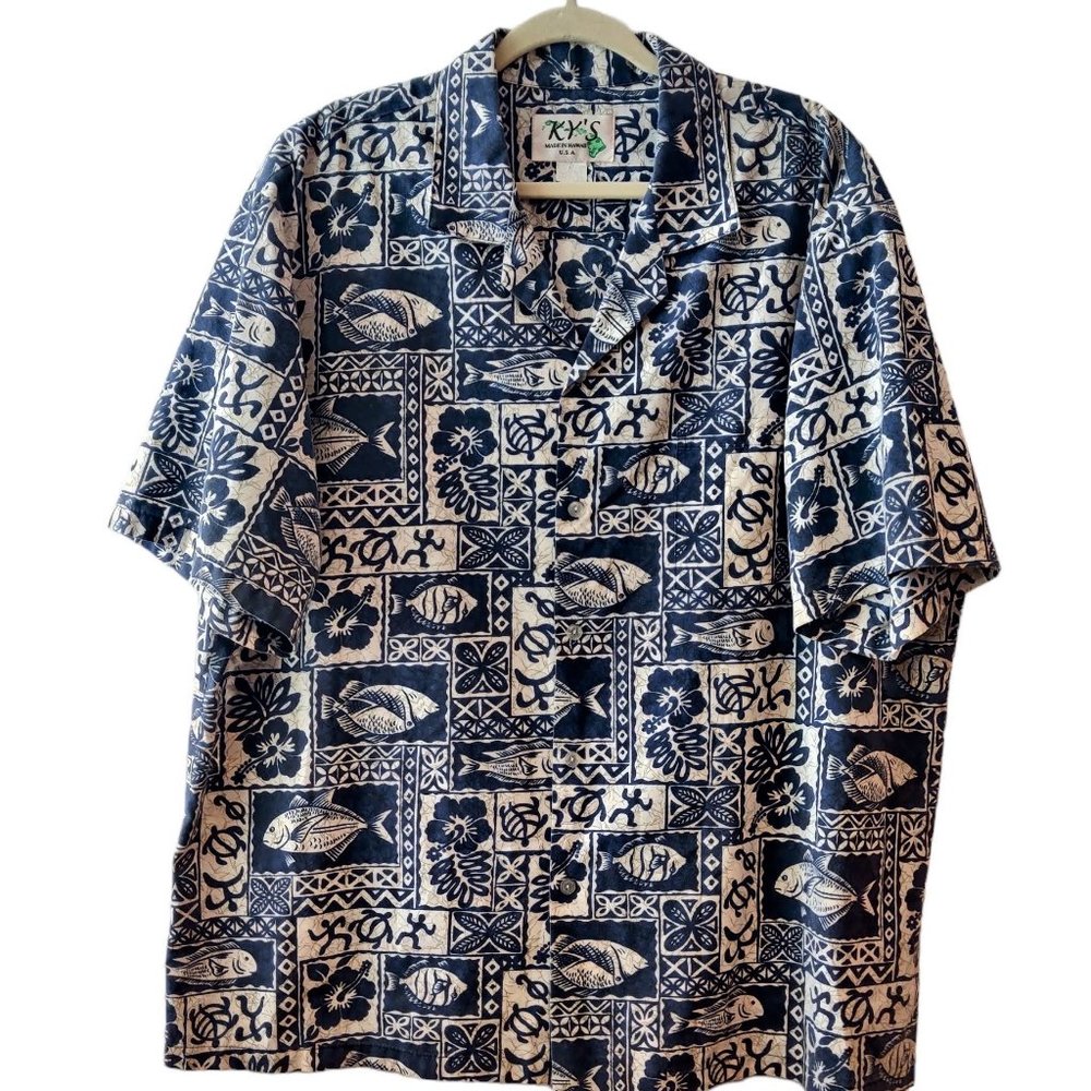 Ky's Hawaii Mens Vintage Blue Fish Hibiscus Aloha Button Up S/S Shirt Top XXL?